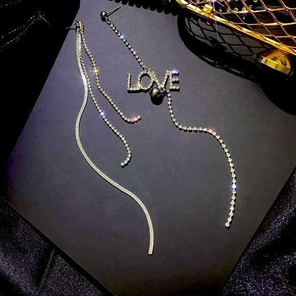 NEW Silver Rhinestone Dangling Long Graphic Love Post Earrings - Picture 4 of 4